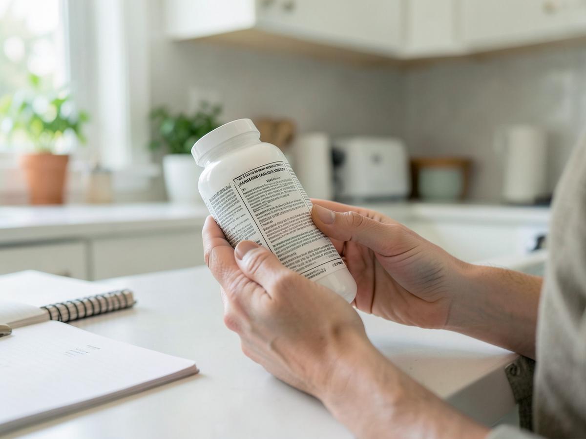 Consumer carefully reading a supplement bottle label