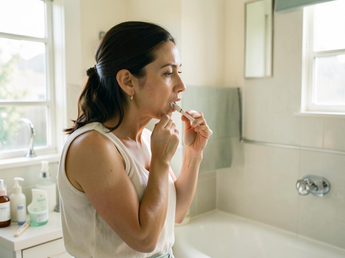 Adult following a morning oral-care routine in a bright bathroom