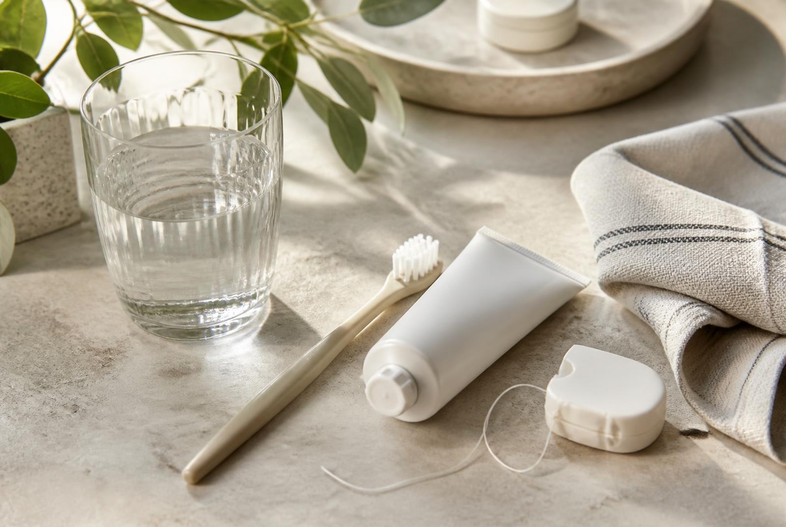 Toothbrush, toothpaste, dental floss and water arranged for a morning oral-care routine