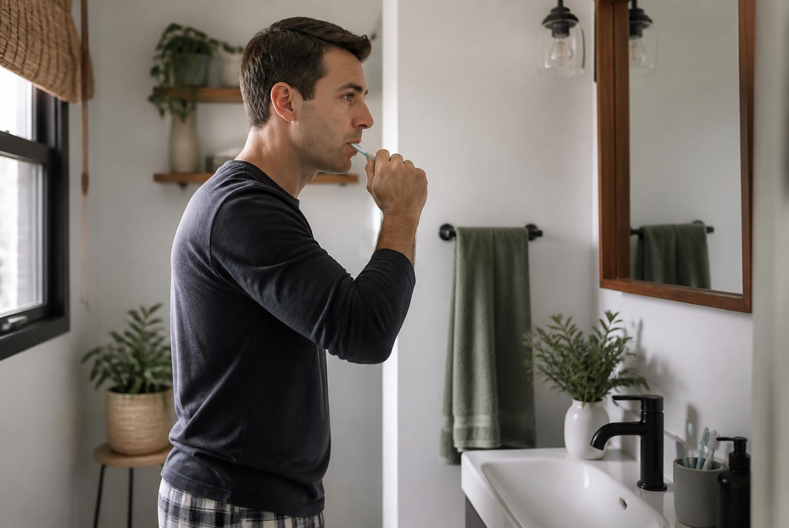 Adult brushing teeth during a natural morning oral-care routine