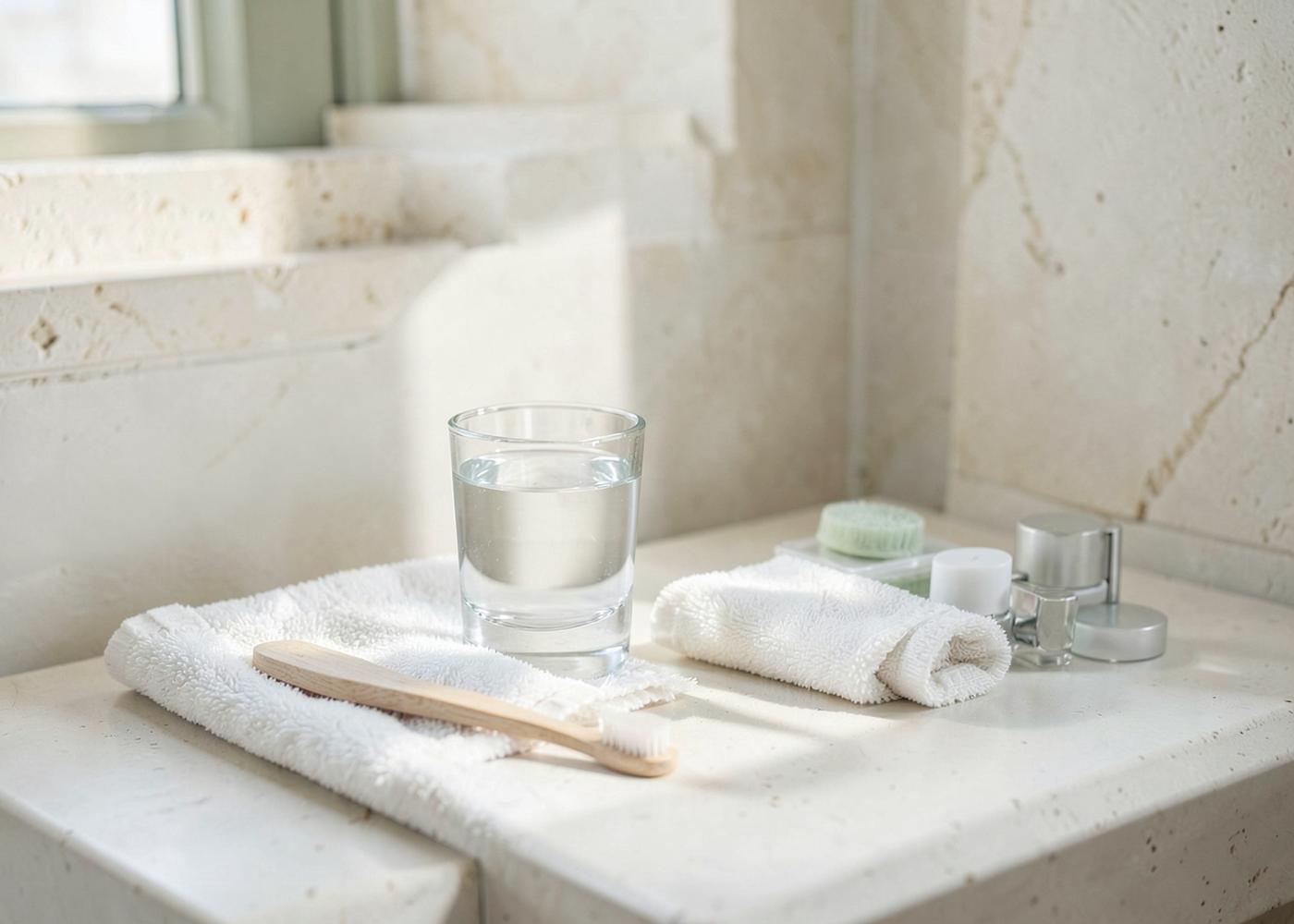 Toothbrush, water and oral-care items in a sunlit bathroom