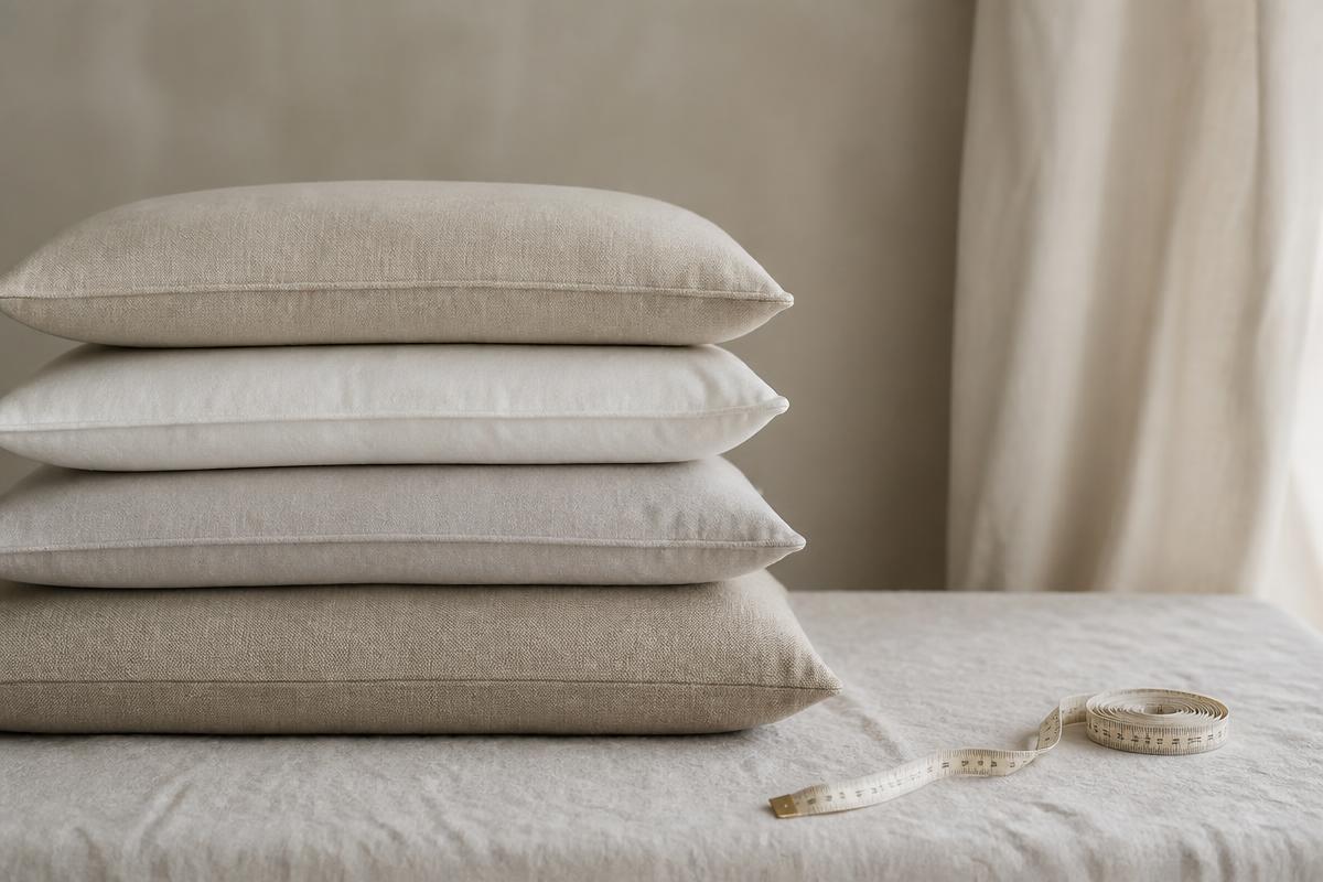 A stack of pillows of different thicknesses beside a measuring tape on linen bedding