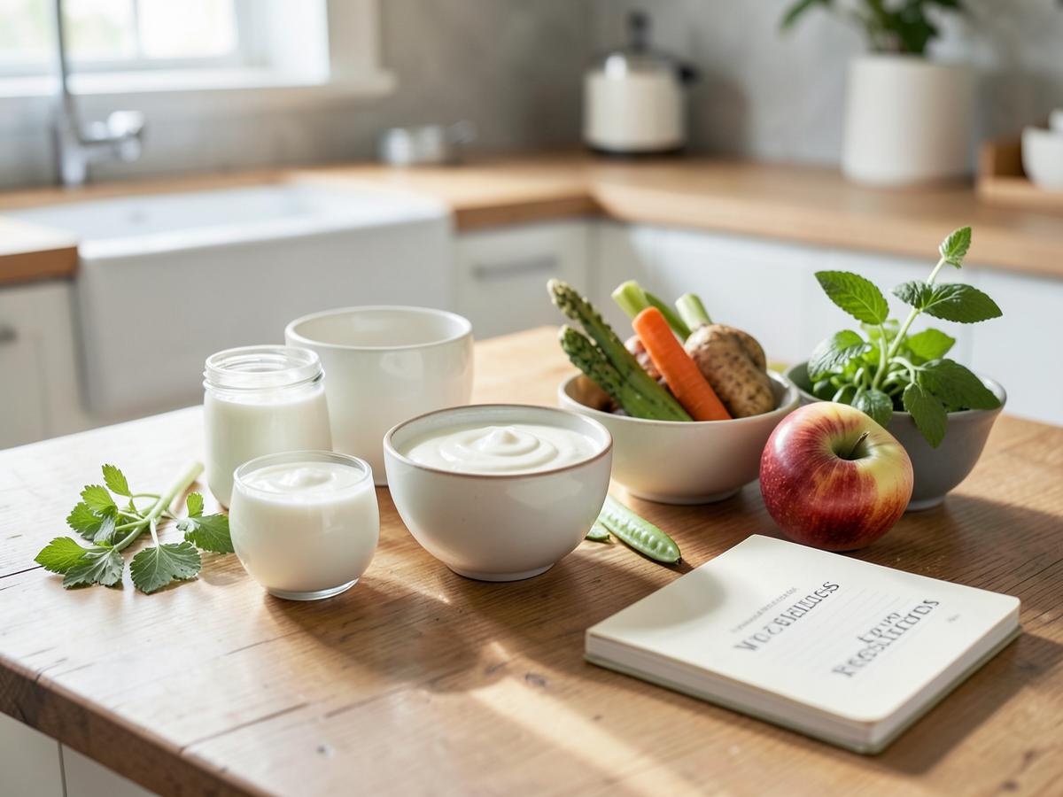 Yogurt, fermented foods, fruit and vegetables on a bright kitchen table