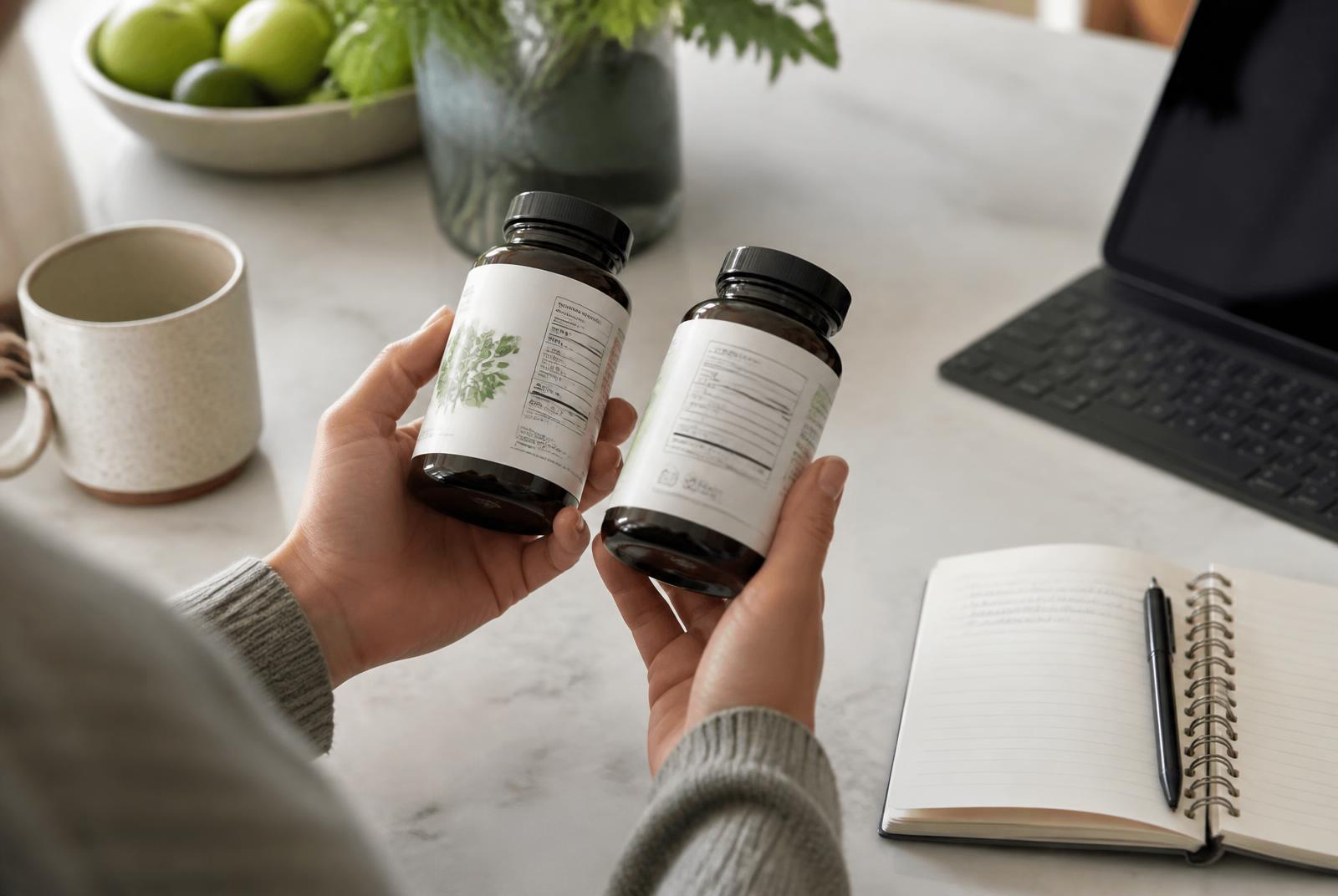 Consumer comparing the labels on two unbranded supplement bottles