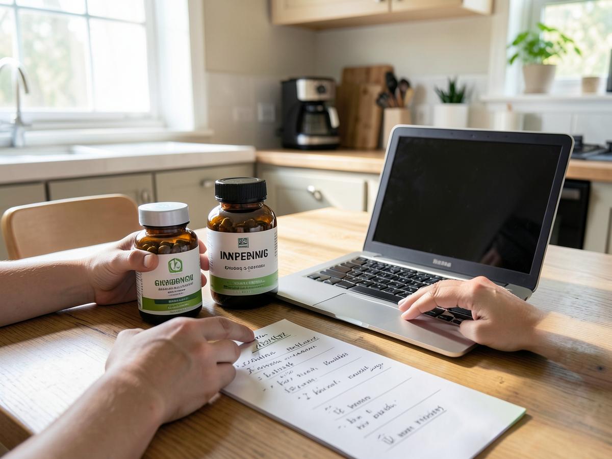 Consumer comparing unbranded supplement bottles with notes and a laptop